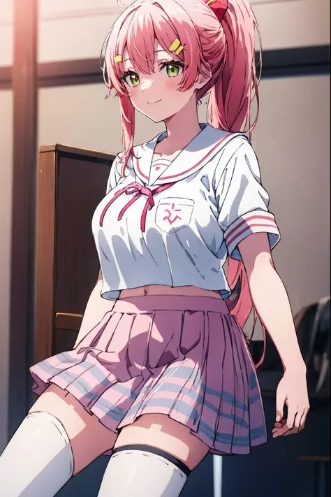 masterpiece, best quality, 1 girl, solo, MikoSchool, ahoge,pink_hair,(short_ponytail:1.3), hairclip, white shirt, sailor_collar, pink_skirt, plaid, white_thighhighs, short_sleeves,  looking through legs,big_smile,large_breasts,midriff,