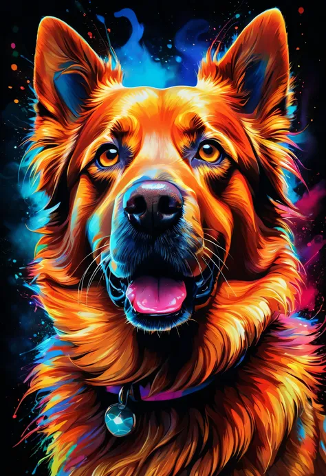 A majestic dog portrait in a vibrant, surreal, and futuristic art style. The dog's fur is illuminated with neon-like colors including electric blue, fiery red, and glowing orange, blending seamlessly with dynamic brushstrokes. The background is dark, enhan...