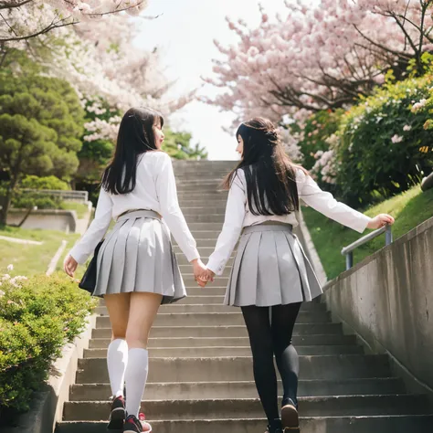 Back view of two Japanese high school girls in uniform holding hands up the steep and thin stairs in a park where cherry blossoms dance