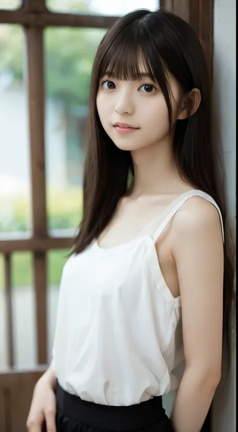 ( RAW Photo,  top quality), ( by Nomi,  Photoreal:1.3),  Masterpiece, Narrow Shoulders and Small 、delicate,  slender, slender, and beautiful proportions, beautiful detailed eyes,  girl 1, Japan,  young, smile, Super beautiful and cute face、(Small and thin ...