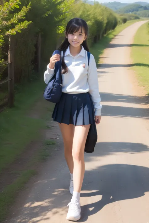 A  female middle school student walking through the countryside, beautiful feet, navy blue pleated miniskirt,navy micro miniskirt,white collared shirt,navy blue sweater, carry a rucksack,white sneakers on bare feet,Taiwanese smiles, low angle,Show your who...