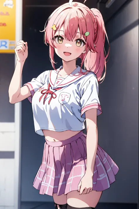 masterpiece, best quality, 1 girl, solo, MikoSchool,ahoge,pink_hair,(short_ponytail:1.3), hairclip, white shirt, sailor_collar, pink_skirt, plaid, white_thighhighs, short_sleeves,  looking through legs,big_smile,large_breasts,midriff,happy, excited,open_mo...