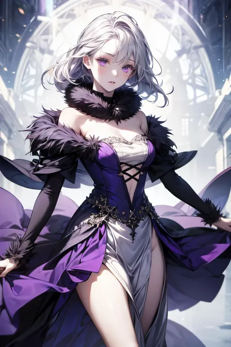 Woman dancing.  pale skin.  Silver hair.  complicated hairstyle .  purple eyes. Fantasy dress .  fur collar.