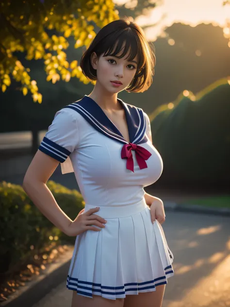 (Sailor suit:1.3), Tight fitting short sleeves, Breasts accentuates, Breasts is in the frame, Tight short skirt, (Looking at the viewer:1.5), Outdoors, Daytime, Sunshine,
8Kquality, (High Resolution:1.3), (Realistic photo:1.5), (Raw photo:1.3), Extremely d...