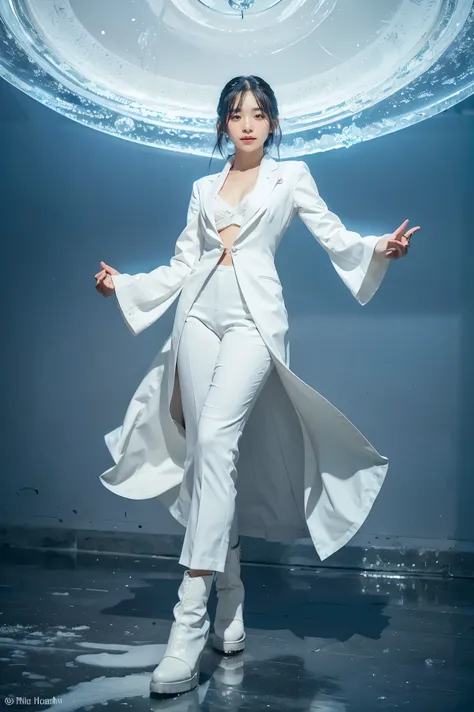 A petite and elegant woman in a white suit with a calm, confident demeanor, standing approximately 5'2". She has shoulder-length black hair that flows gently around her face, almond-shaped eyes, and a soft, radiant complexion. She wears a sleek combat outf...