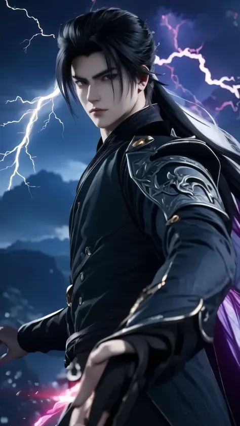 epic anime style, purple lightning, evil temperament, 20-year-old male shadow assassin, glowing black aura, shadow supervisor, handsome face, brilliant and majestic. Beautiful standard body and complete body structure. full body shot of a man with lightnin...