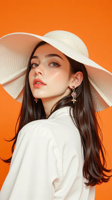8k, masterpiece, highest quality, Korea's Beautiful Women, oversized white sun hat, orange background, dramatic lighting, fashion photography, high contrast, vibrant colors, retro style, minimalist composition, striking makeup, red lips, white outfit, eleg...
