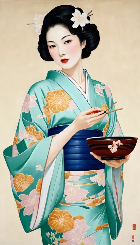 Picture of a woman in a kimono dress holding a bowl of food, Inspired by Shoen Uemura, inspired , , Chie Yoshii, Inspired by Ito Shinsui, shinsui ito,  Japanese woman, Japanese art,  hoshino yukinobu , inspired by Miyagawa Shunsui