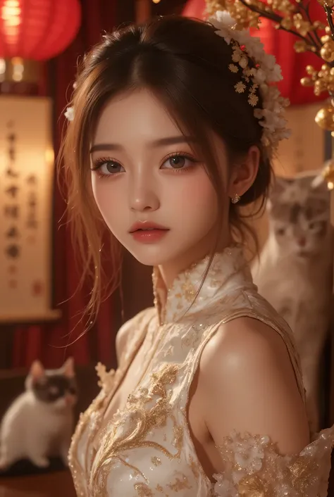 View from up front, Cat ears、 face up, attractive, pretty girl, ponytail、few beautiful lady hair decorations, (( fine facial features , eroticism)), dramatic lighting , realistic , 8k, Dramatic Shadows , intricate and elaborate patterns , super detailed ph...