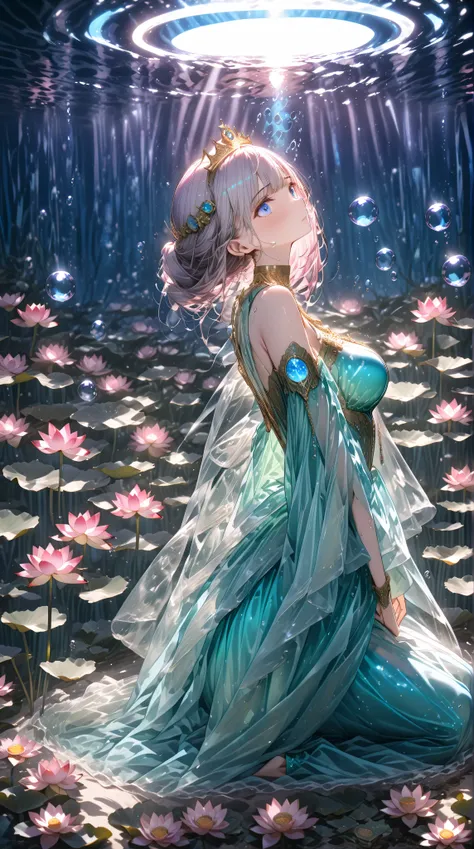 (( Masterpiece,  high image quality ,8k)),((  very detailed , perfect picture)),( Complete Technique),(ultra detailed),((cowboy shot)),(under water),ISIS,empress, tiara ,pink and green dress,((from side,facewoward,turning the face and body to the left)),( ...