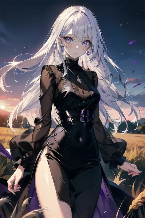 (masterpiece), (best quality), ultra detailed, finely detailed color, cenematic painting, smile, slender body, small chest, outdoor, wheat field, sunset, evening, dusk, twilight, vesper, bishoujo, ((one lady)), 20 years old girl, cute face, ((white hair:1....