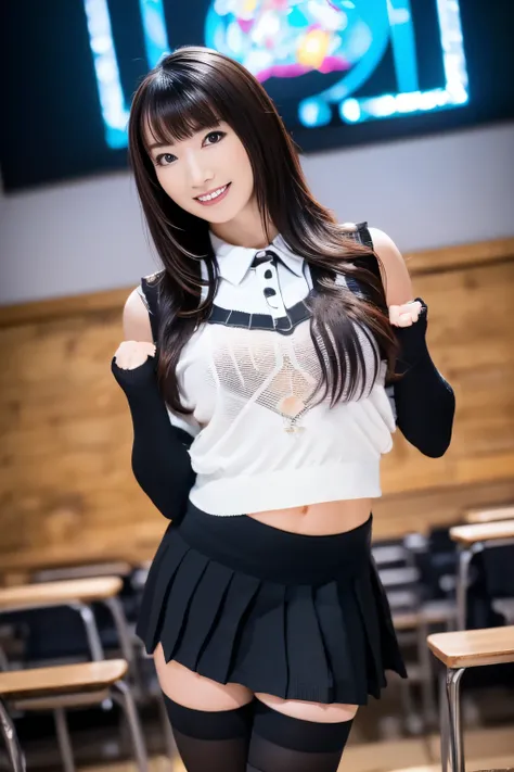 Masterpiece, high resolution, Product quality,( Well-balanced :1.3), 1 young beautiful Japanese woman ,( cowboy wearing a special sweater is shooting at the audience :1.4), Beautiful young Japanese woman's yellow-green mesh hair colo...