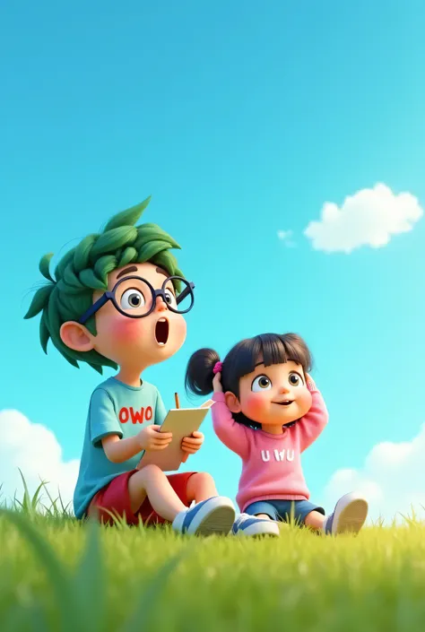 "A cute, Owo, , with green slightly messy hair, big black round glasses, wearing a light blue t-shirt with 'owo' written on it in red font, red shorts pants, and blue sneakers. Owo is sitting on the grass, holding a small notebook and pen, looking up at th...