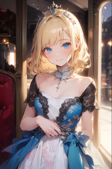 high quality, detailed, blonde pretty 13yo girl, wear food-theme apron-dress, chocolate print, standing, have big heart shaped chocolate, french town, waist shot,