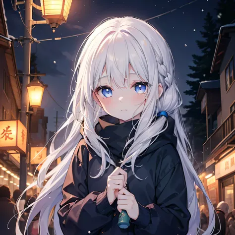  one girl, (), ( close), ( cute:1.2),  closed his mouth, Wet your lips, ( rosy cheeks ), (shy), ( pale skin on a street car), (Dark blue eyes), ( Lantern), ( long hair), (long thread ), (cold:1.4), ( young pine forest ), (snow),