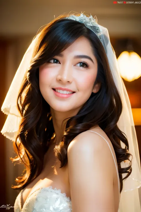 Light smile, (Light tulle sheer wedding dress, wedding veil, wedding dress), chubby face, looking at camera, front view, black hair, long hair, bangs, (detailed face), at wedding , tempting pose, potrait body, mouth closed, black eyes, 1 girl, 20yo, Young ...