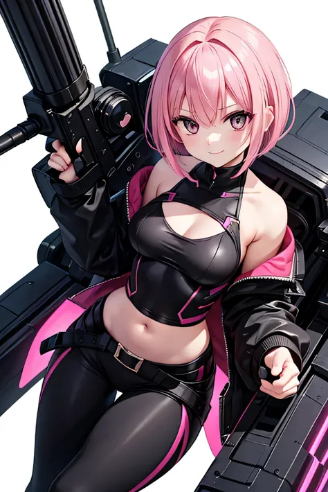 A photo overlooking her from directly above.
The breast size is smallest and flat like a boy.
She wears a black suit all over.
She holds a large Gatling gun with both hands and radiates it forward with super-fire power.


An anime-style girl has pink hair,...