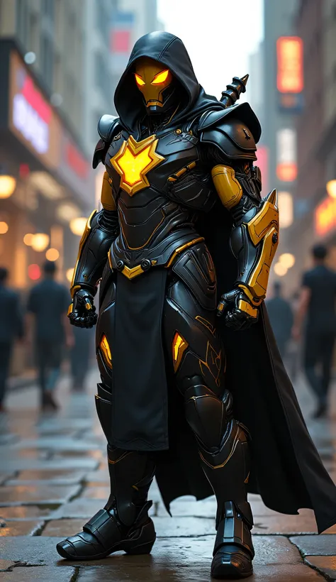 Ironman fusion with Scorpion Mortal Kombat, powerful fists, robotic high-tech iron body, ultra-realistic, 16k, realistic, detailed, blurred background, powerful, energetic, in a street, pedestrian lights, dressed in intricately detailed ninja armor with a ...