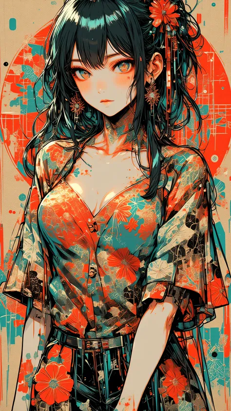 erotic young japanese model with slender curvy figure, 4k, ultra-detailed, vivid colors, dramatic lighting, intricate details, in a realistic illustration style with thin lines and black outlines, ulzzang, big eyes, unbuttoned floral blouse, big breasts, c...