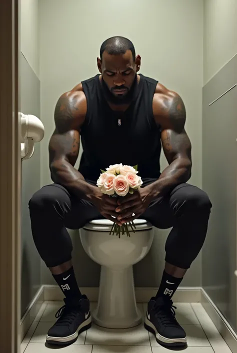 Create a picture of LeBron James sitting sad on toilet and holding roses in his hand