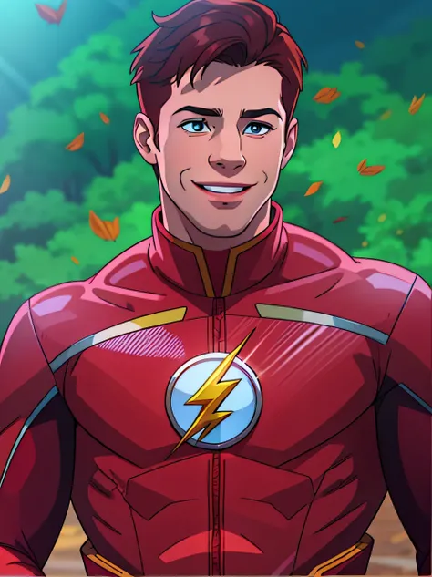 a close up of a man in a red suit with a flash on his chest, the flash, wearing red and yellow hero suit, flash, textless, speedster, flash image, emma watson as the flash, steve harvey as the flash, wearing red jacket, lasso, flash on, saving the day agai...