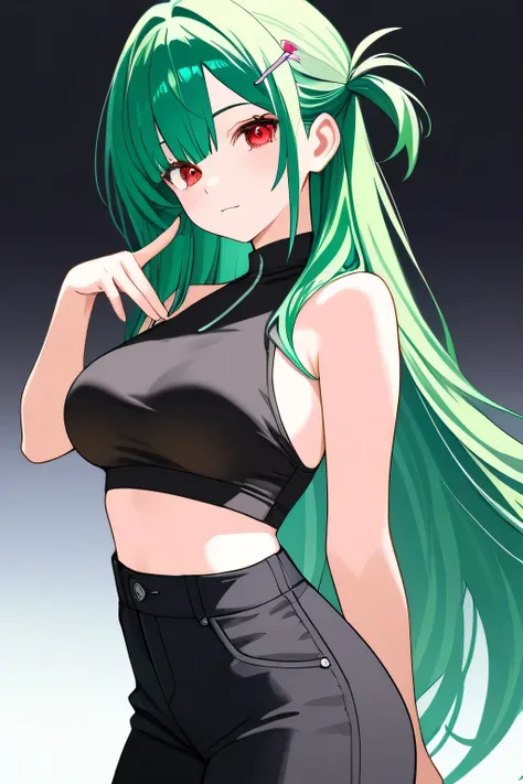 female,  green hair with one side covered, Long green waist-length hair,  red eyes, Black crop top,  black wide pants , light purple hairpin,  front, V by hand,  at the viewer