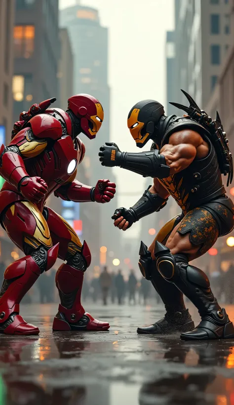 Ironman fights with Scorpion Mortal Kombat, powerful fists, robotic high-tech iron body, ultra-realistic, 16k, realistic, detailed, blurred background, powerful, energetic, in a street, pedestrian lights,