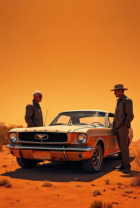 A visually striking and zoomed out  Old and Rusty Ford Mustang depicted in vibrant color contrast one that has so much dust on it. The background is a solid, unobtrusive shade. This cinematic wide shot, possibly a photograph with an orange desert vibe, cap...