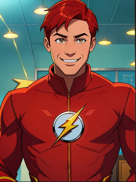 a close up of a man in a red suit with a flash on his chest, the flash, wearing red and yellow hero suit, flash, textless, speedster, flash image, emma watson as the flash, steve harvey as the flash, wearing red jacket, lasso, flash on, saving the day agai...