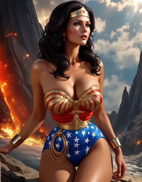 Gorgeous Wonder Woman in tight red and blue costume, long dark hair, gorgeously detailed eyes, striking facial features, plump red lips, muscular athletic build, sits on her knees with her back arched, dynamic lighting, cinematic dramatic scene, digital pa...