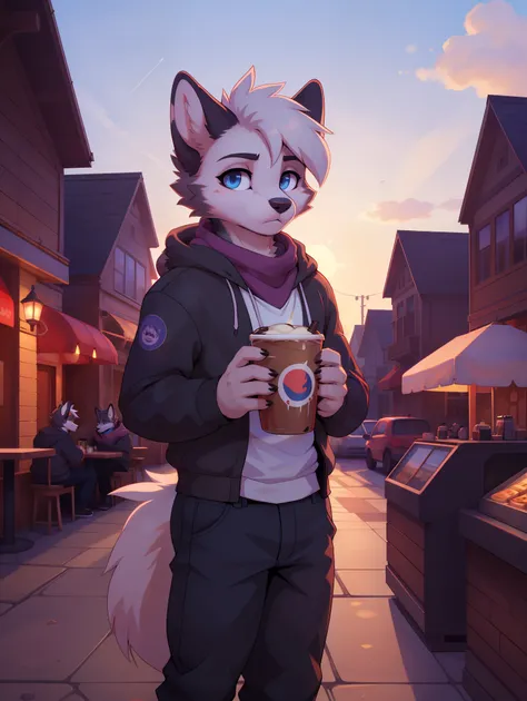 (café con soda:1.1), Hioshiru, lobo、, playboy, sky blue eyes,   multicolored hair,  white fur,  dark brown fur ,  black fur , hooded, scarf and pants ie , Alone ,  at dawn with a town in the distance