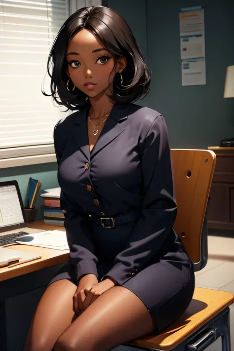  beautiful girl  . black woman .  Black hair ,  neatly arranged  . Formal business style  .  Breast size 3  . height 172 cm . black eyes .  She is sitting at a desk at a desk and working on a computer. tired look .