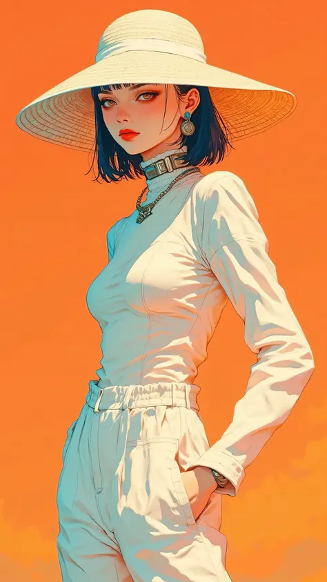 8k, masterpiece, highest quality, Korea's Beautiful Women, oversized white sun hat, orange background, dramatic lighting, fashion photography, high contrast, vibrant colors, retro style, minimalist composition, striking makeup, red lips, white outfit, eleg...