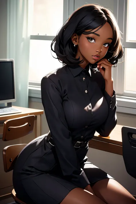  beautiful girl  . black woman .  Black hair ,  neatly arranged  . Formal business style  .  Breast size 3  . height 172 cm . black eyes .  She is sitting at a desk at a desk and working on a computer. tired look .