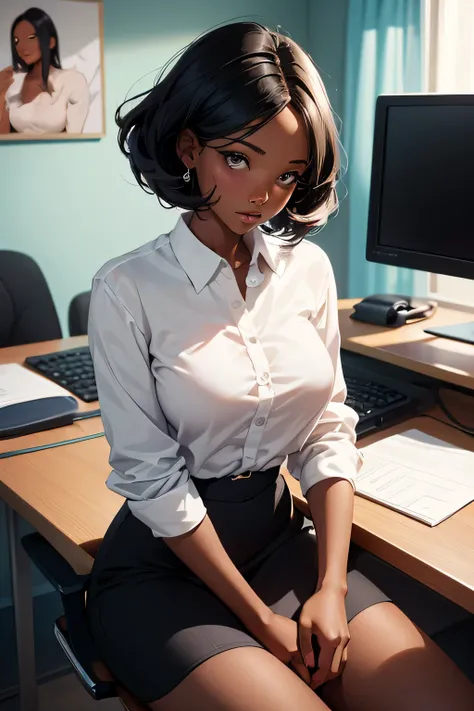  beautiful girl  . black woman .  Black hair ,  neatly arranged  . Formal business style  .  Breast size 3  . height 172 cm . black eyes .  She is sitting at a desk at a desk and working on a computer. tired look .  She doesn't have panties . plays with he...