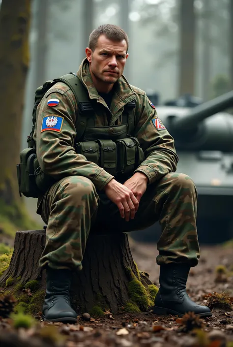 Create a highly realistic and detailed depiction of a Russian soldier in a forest setting. The soldier is a strong, muscular man with a determined and intense expression on his face. He is sitting on a cut-down tree stump, wearing modern military camouflag...