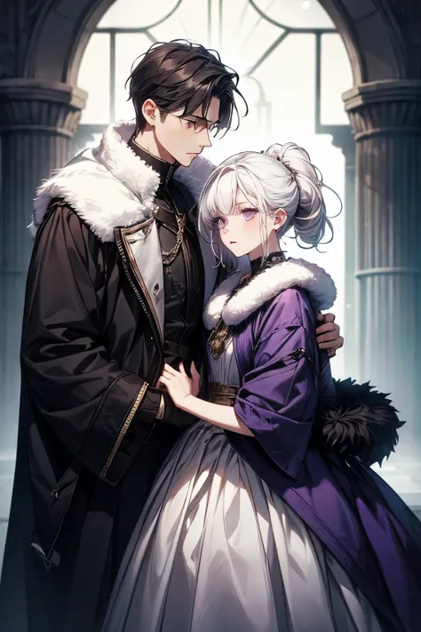  dressed two people.  A short woman ,  white hair,  complicated hairstyle ,  purple eyes.  tall man,  dark hair, dark eyes. Fantasy clothes ,  fur collar