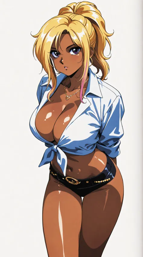 k-pop gyaru with yellow hair, purple eyes, big breasts, cleavage, arms behind back, no background, white background, dark skin, shiny skin, retro style classic, illustrated anime, 