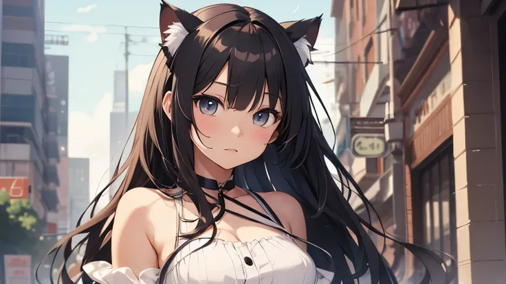 Anime girl character with flowing soft black hair, with cat ears and wearing a dress, with a cute expression
