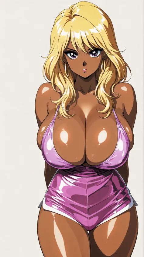 k-pop gyaru with yellow hair, purple eyes, huge breasts, cleavage, arms behind back, no background, white background, dark skin, shiny skin, retro style classic, illustrated anime, 