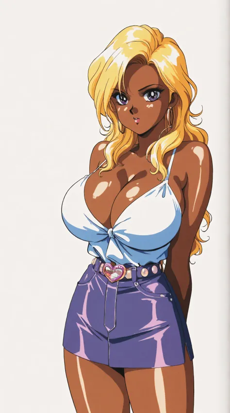 k-pop gyaru with yellow hair, purple eyes, huge breasts, cleavage, arms behind back, no background, white background, dark skin, shiny skin, retro style classic, illustrated anime, 