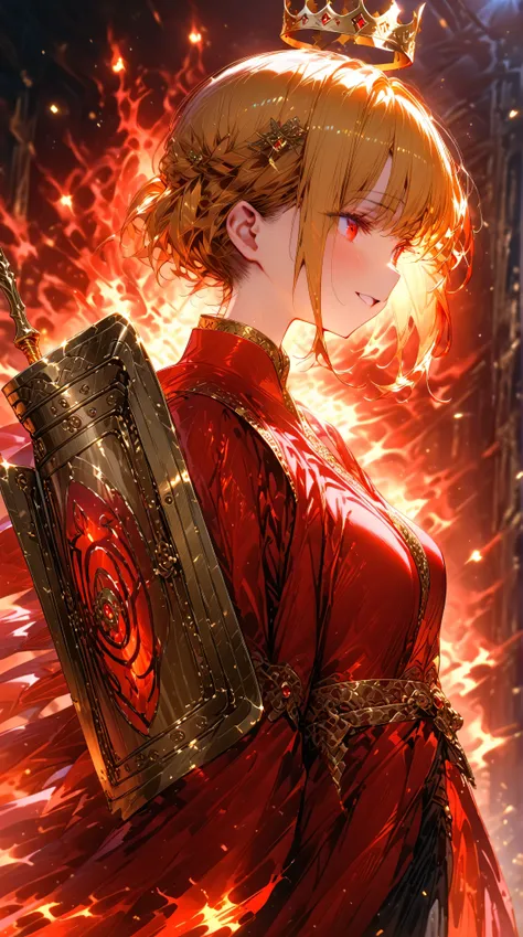 (( Masterpiece,  high image quality ,8k)),((  very detailed , perfect picture)),( Complete Technique),(ultra detailed),((cowboy shot)),crown,(knight wizard), red clothes,flaming background,((from side,facewoward,turning the face and body to the right)),(Op...