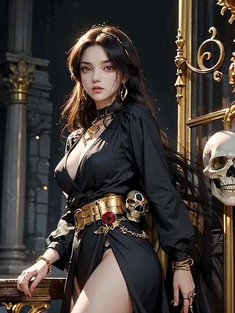 1 girl, solo, details, masterpiece, best quality, photorealistic realism, beautiful girl, long hair, black hair, skull headband, gold earrings, (((red eyes))), beautiful face, skull necklace, perfect body, large breast, open chest, black long dress, skull ...
