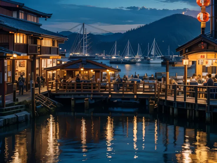 Close-up of Vancouver at night, busy Japanese restaurant beside harbour