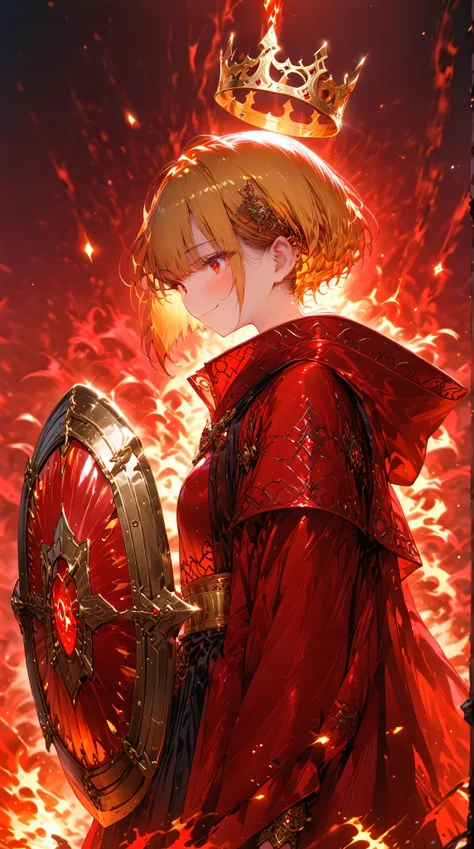 (( Masterpiece,  high image quality ,8k)),((  very detailed , perfect picture)),( Complete Technique),(ultra detailed),((cowboy shot)),crown,(knight wizard), red clothes,flaming background,((from side,facewoward,turning the face and body to the right)),(Pe...