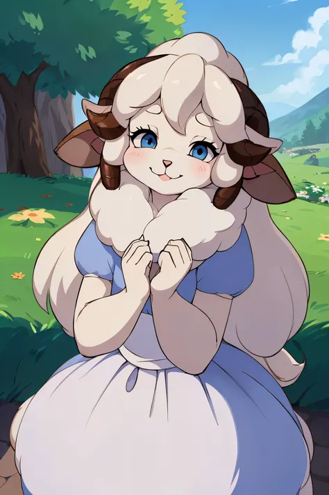  hairy sheep mom  , ( realistic furry sheep hair :1.5) , round face , ( face tilt :1.2) , ( half-open eyes:1.5) ,  round, moist sheep's eyes ,  puffy cheeks ,  Smile of Seduction  ,  shiny lips ,  Curly hair ,  princess dress , Adorable gestures ,  dynamic...