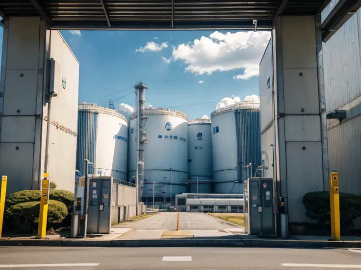 Close-up, security checkpoint at Genkai nuclear power station on Kyushu, car park, nuclear power station 