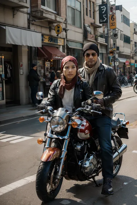 A couple of men and women in headscarves are riding a Honda motorcycle