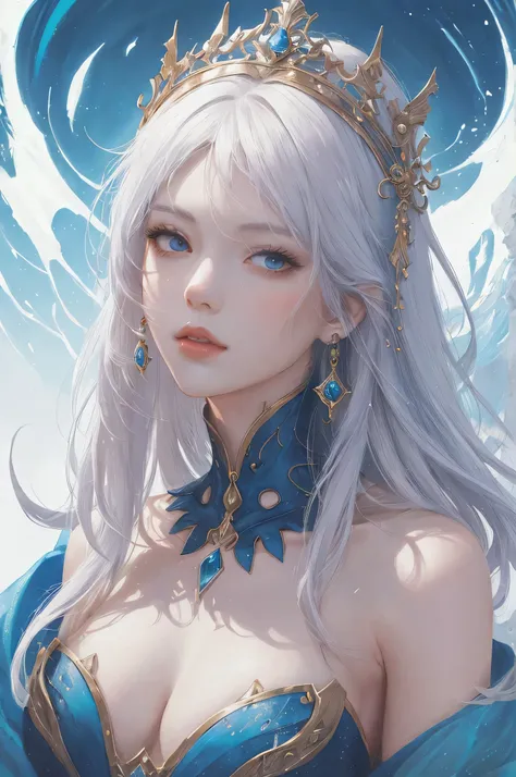 Best AI Image Generation Creator、1 beautiful girl、large round eyes、Solo、Realistic,Lips,masutepiece,Best Quality,Good anatomy，Skin Texture、White background、Smaller chest、white  hair、robe blanche、Fantasy Art Style, palatial palace 、 Azure. detailed hairs, be...