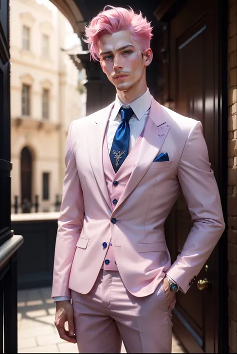 
  Pink-haired man ,  blue eyes,  dressed elegantly and very attractive